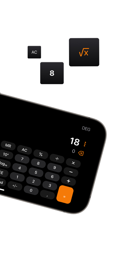 Scientific calculator interface on a smartphone with floating math symbol buttons