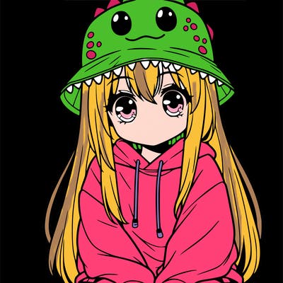 girl with anime shaped eyes with a dinosaur bucket hat oversized sweatshirt long straight hair