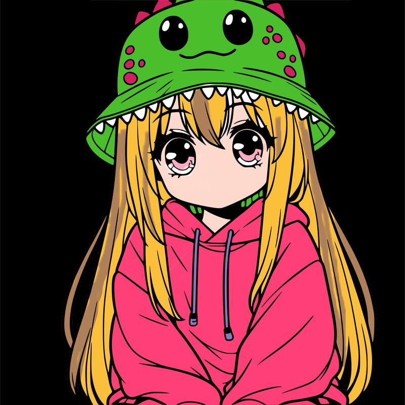 girl with anime shaped eyes with a dinosaur bucket hat oversized sweatshirt long straight hair