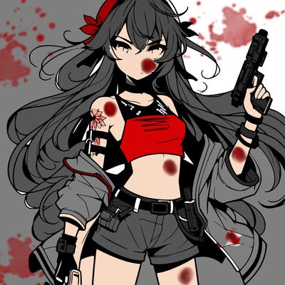 bad girl wearing crop top holding a gun long hair anime
