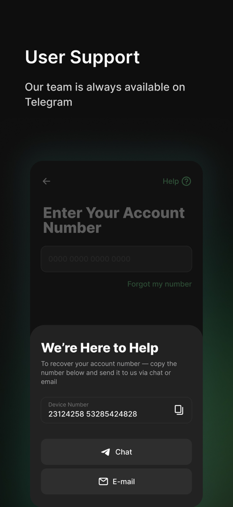 SHIVA: Safe, Fast, Private - Pantalla de opciones de soporte de usuario de la aplicación SHIVA con recuperación de número de cuenta y botones de contacto de chat