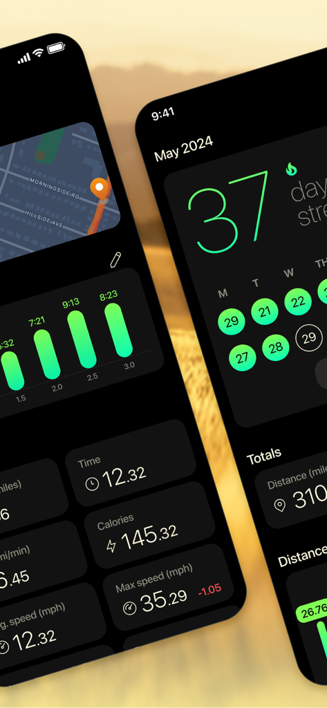 Running Mile Tracker - Vima app interface showing running statistics and activity streak calendar