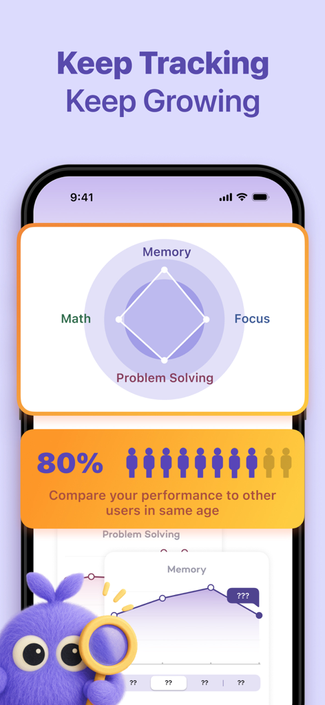 Tela do aplicativo BrainBloom mostrando progresso de habilidades cognitivas com um gráfico de radar e métricas de comparação de desempenho.