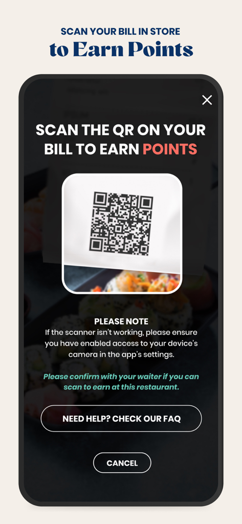 John Dory's - John Dory's app interface showing the scan QR code feature to earn loyalty points on a restaurant bill