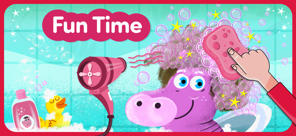 Interactive educational bath time game for kids featuring a purple hippo character and soap bubbles