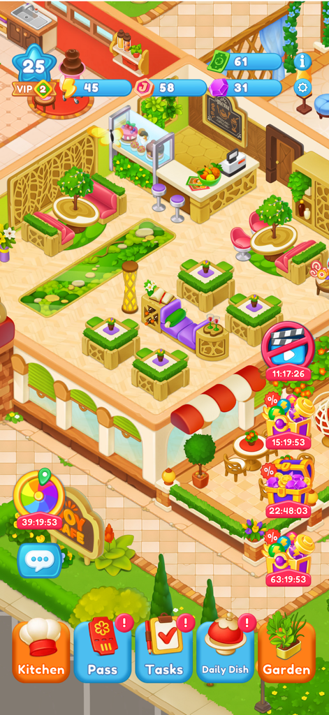 Joy Cafe: Tasty Merge Game - A top-down view of a beautifully decorated cafe interior in Joy Cafe Tasty Merge Game showing tables and a counter.