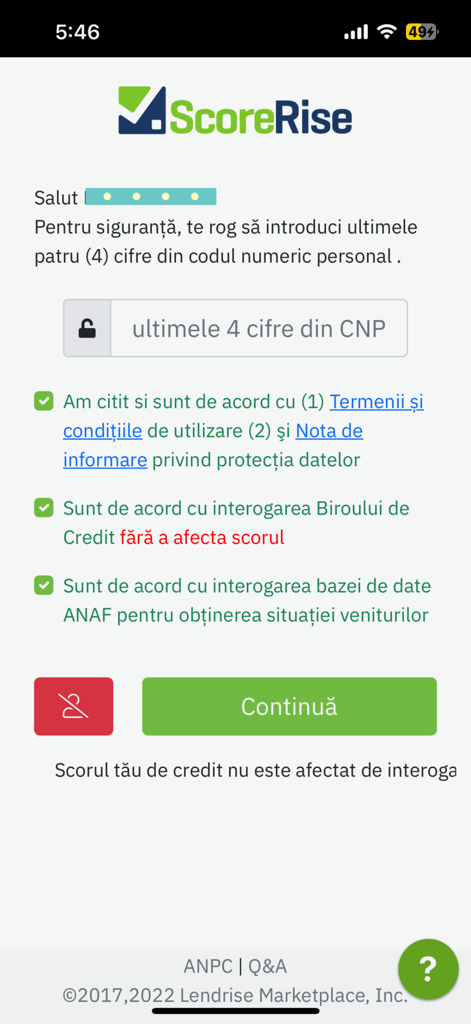 ScoreRise app security screen requiring the last four digits of the CNP and user consent for credit and ANAF data access