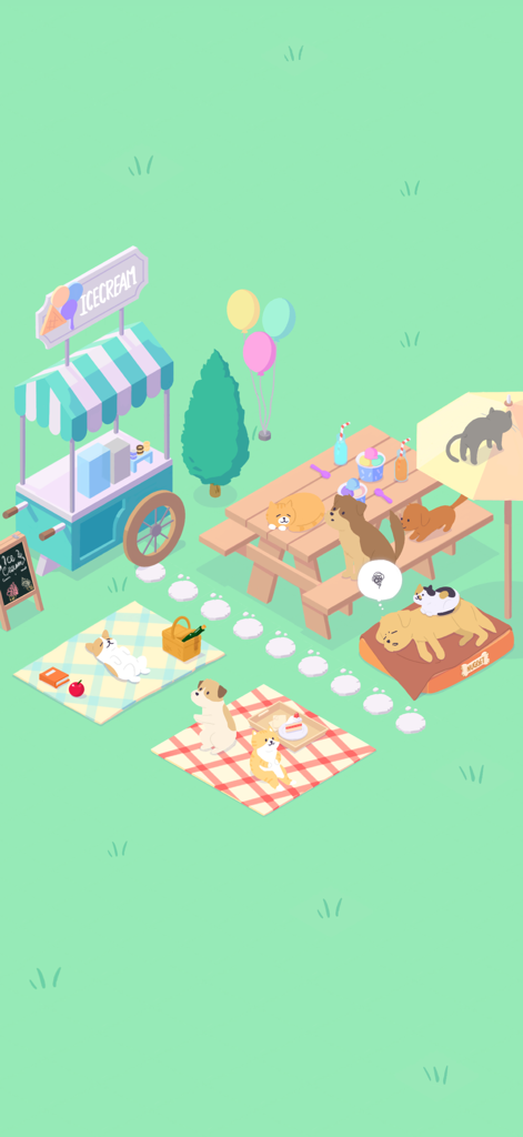 Sundae Picnic - A cute pastel park scene featuring an ice cream cart and various dogs and cats relaxing on picnic mats and a wooden table.