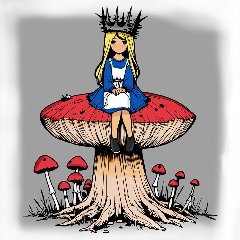 realistic girl sitting on a huge tree stump size toadstool with thorn crown