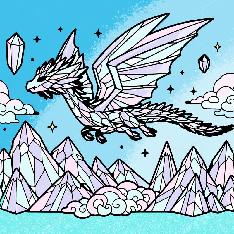a crystal dragon flying over mountains