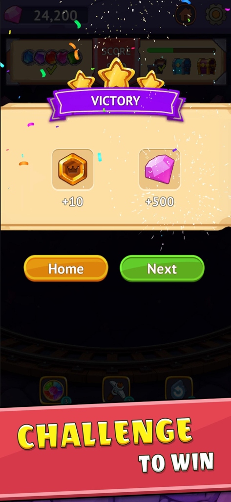 Sparkle Mine - Sparkle Mine game victory screen showing earned gold emblems and pink crystals