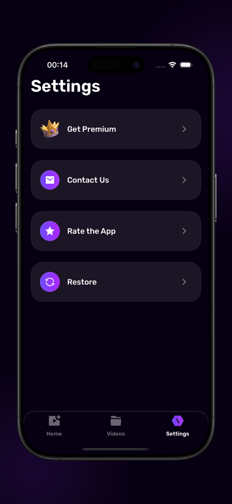 AI Effects Video Maker - Settings menu of the AI Effects Video Maker app showing options to upgrade to premium, contact support, and restore purchases.