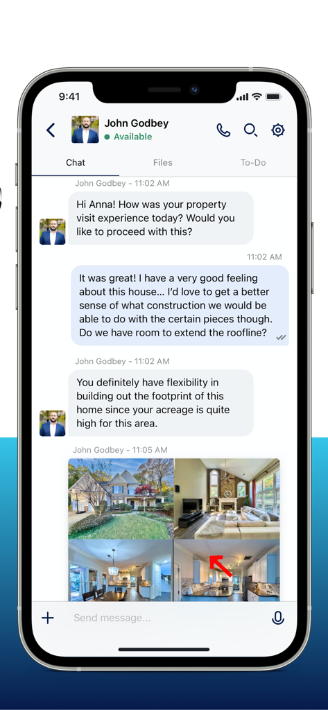 BLUE App - Blue Lotus Realty - Interfaz de chat inmobiliario de la App BLUE entre un agente y un cliente discutiendo una casa con fotos.