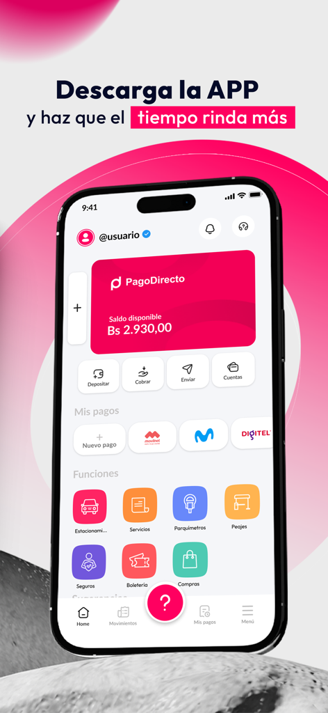 PagoDirecto - Panel de la aplicación móvil PagoDirecto que muestra el saldo de la billetera digital e iconos de servicios para estacionamiento y pagos