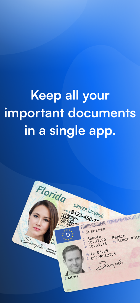 IDSafe app interface showing digital versions of a Florida driver license and a German driver license with a tagline about keeping documents in one place