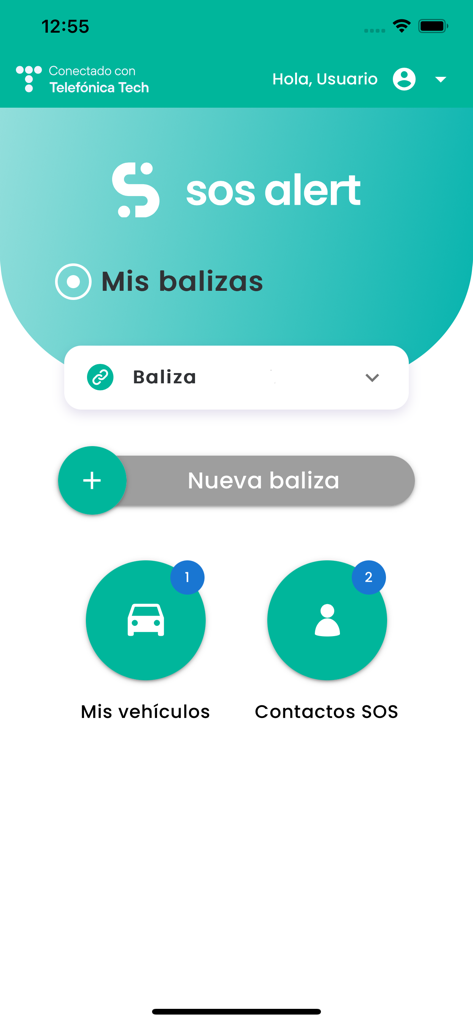 Dashboard principale dell'app mobile SOS Alert che mostra la configurazione del beacon di emergenza, le informazioni sul veicolo e i contatti SOS