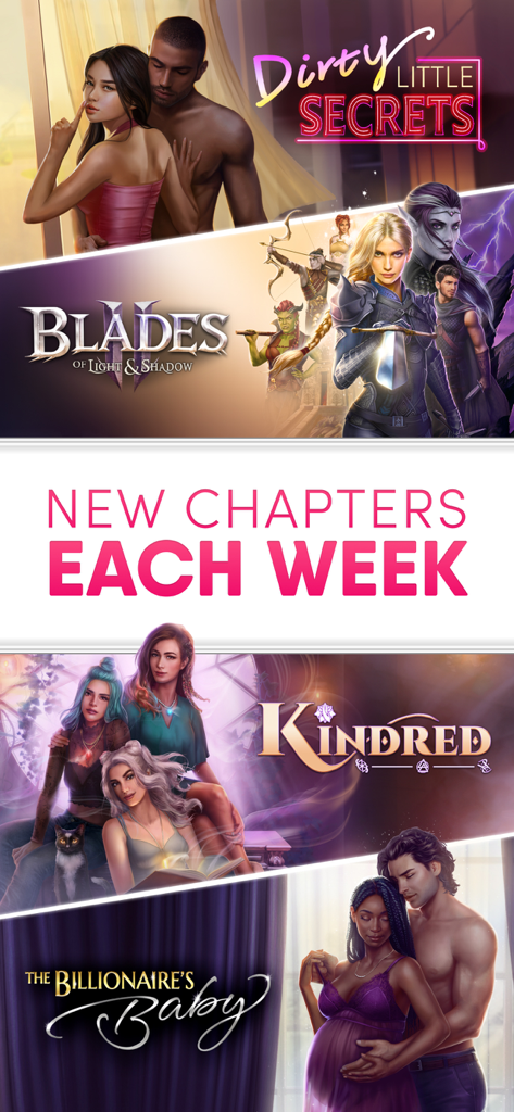 Collage of different story genres in the Choices app with a notification about new chapters released each week.
