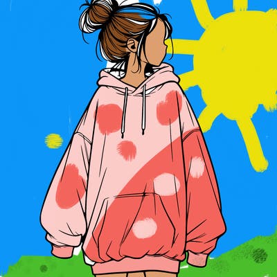 realistic girl with a oversized sweatshirt on and a bun