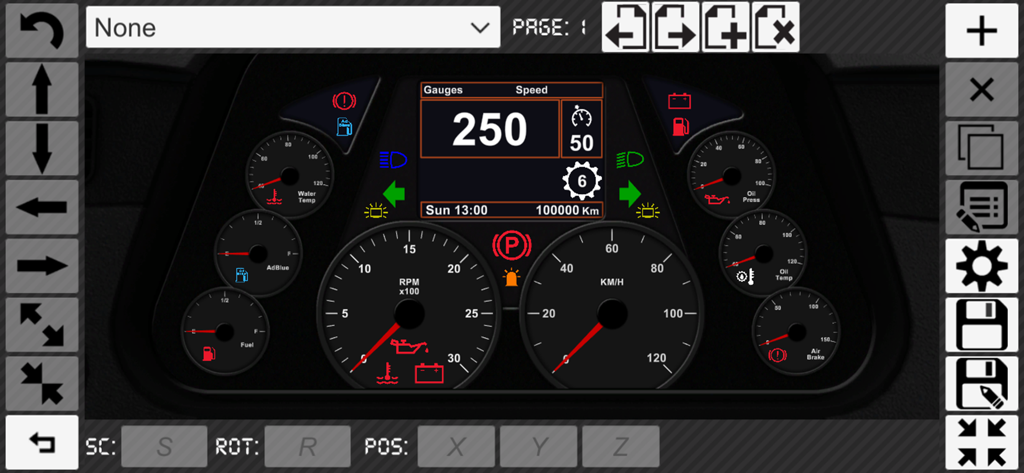 DashPanel - Interfaz de la aplicación DashPanel mostrando un editor de dashboard de camión con indicadores de RPM y velocidad
