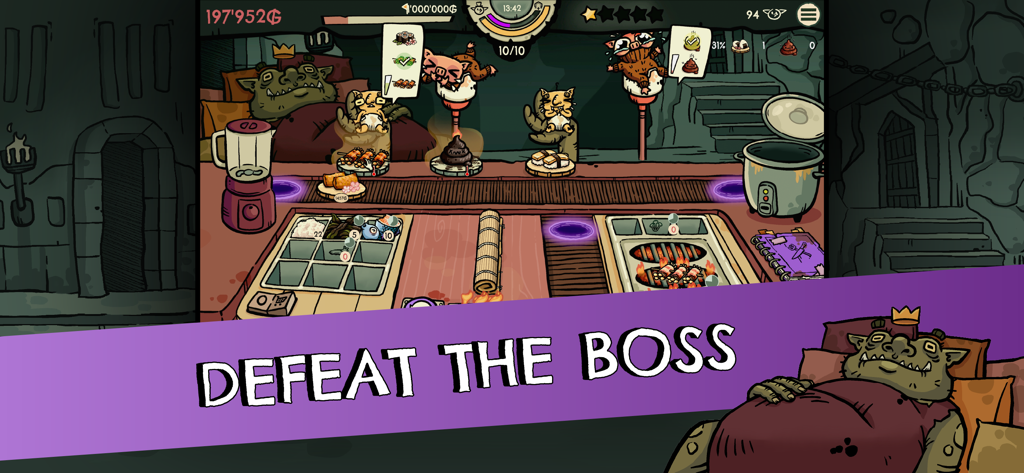 Goblin Sushi - Gameplay screenshot of Goblin Sushi featuring a large boss goblin and the text Defeat the Boss