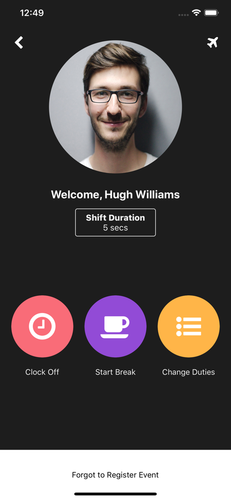 Definitiv TimeClock - Definitiv TimeClock app showing employee dashboard with clock off start break and change duties options