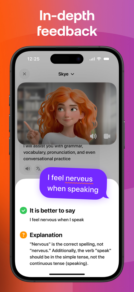 Praktika – AI Language Tutor - Praktikaアプリのインターフェース、女性アバターによる文法およびスペルミスの詳細なAIフィードバックを表示