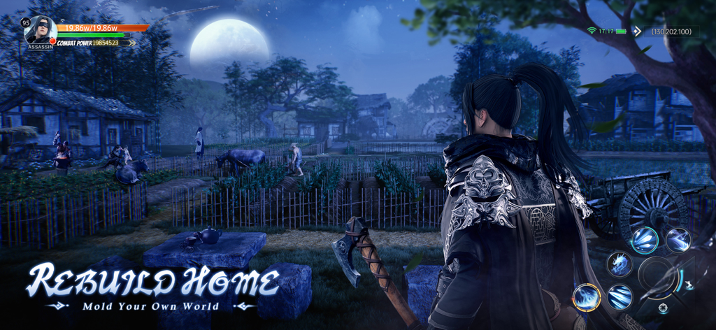 Um personagem observando uma pacífica vila iluminada pela lua com parcelas de fazenda em Ancient Seal The Exorcist