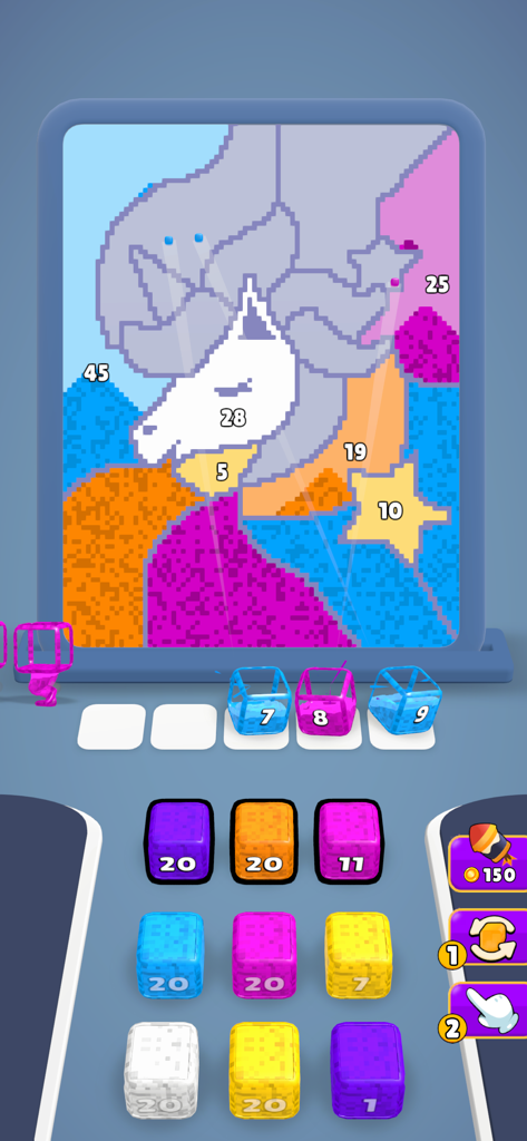 A gameplay screenshot of Sand Jam showing colorful pixel cubes and a digital canvas being filled to create a pixel art masterpiece.