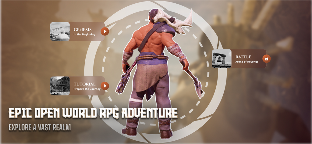 Nepa: Saga - Epic Offline RPG - El personaje guerrero Ekaa de pie en el menú principal del RPG de mundo abierto épico Nepa Saga