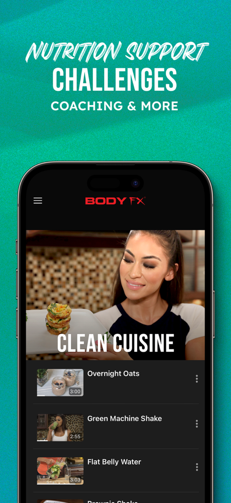 Body FX Home Fitness - Body FX app screen displaying healthy clean cuisine recipes and nutrition support.