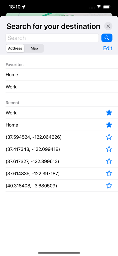 RadarAll Speed Camera Detector - Tela de busca de destino no aplicativo RadarAll mostrando locais favoritos e recentes
