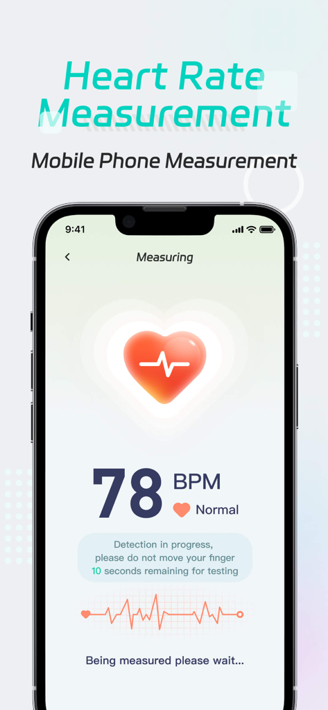 SmartScanner-AI Measure&Count - Un écran de smartphone affichant la fonction de mesure de la fréquence cardiaque de l'application SmartScanner avec une lecture de 78 BPM.