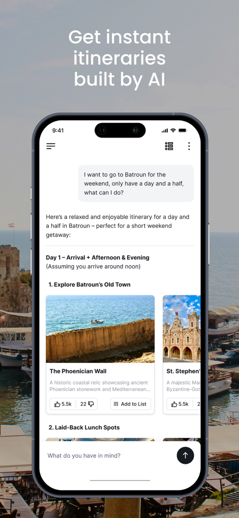 Ministry of Tourism Lebanon - AI travel assistant building a custom itinerary for Batroun in Lebanon
