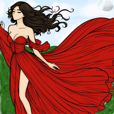 realistic woman in dress flowing the the wind