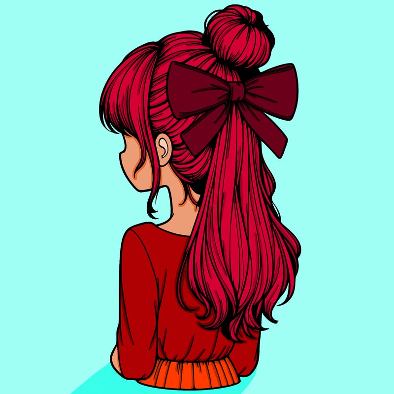 realistic girl  with hip length hair a bun and a big bow on the back of head