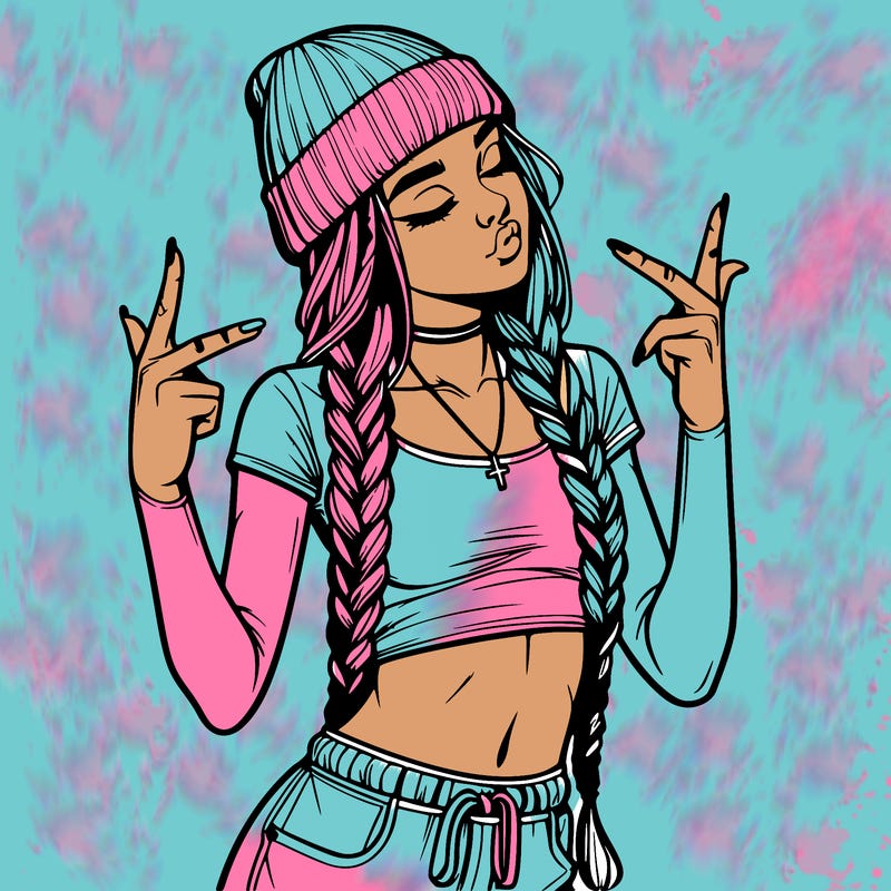 realistic teenage girl with braids and a beanie and crop top doing 🫶🏼