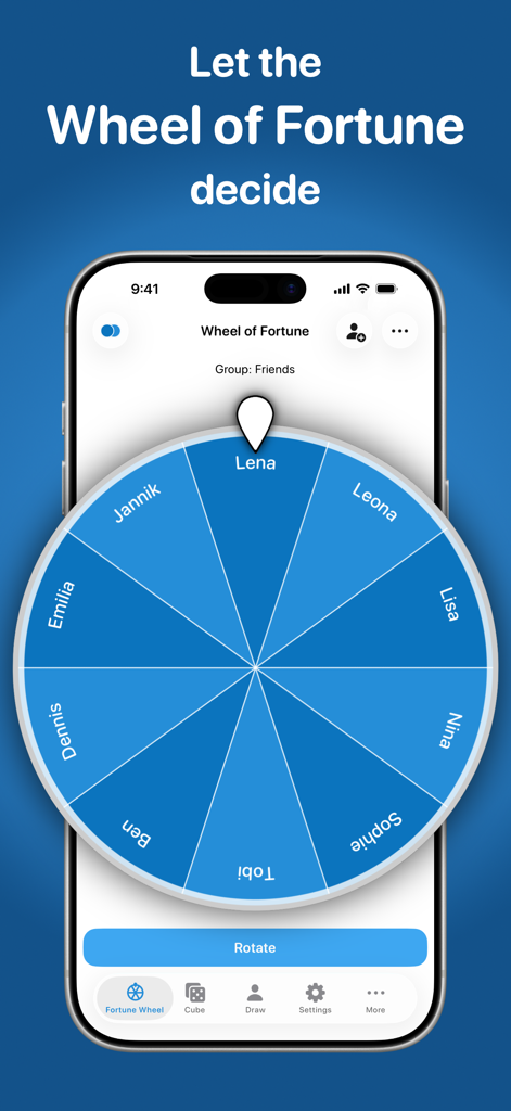 Random Generator - Spin Wheel - Uno schermo di smartphone che mostra una ruota di giri blu con nomi per la selezione casuale nell'app Generatore Casuale.