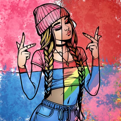 realistic teenage girl with braids and a beanie and crop top doing 🫶🏼