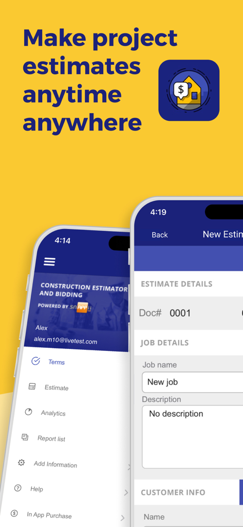 Mobile app screen for creating construction project estimates on-site with sections for job details and customer info