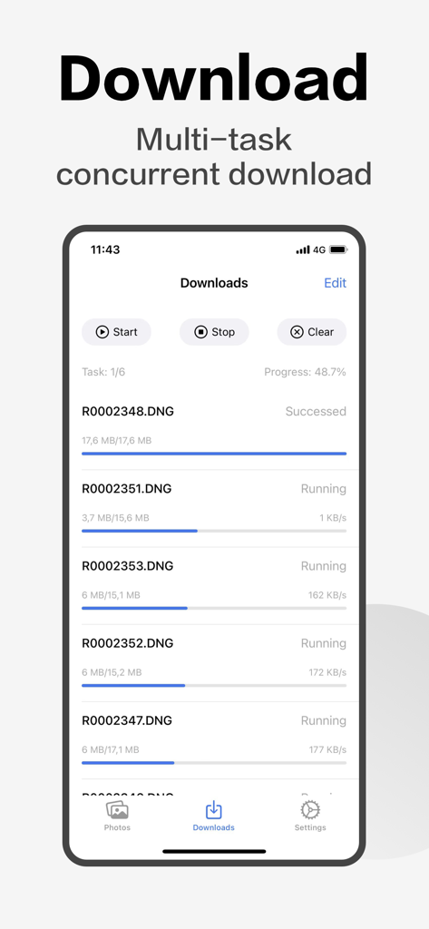Schermata dell'app Alpha Linker che mostra trasferimenti simultanei di foto dalla fotocamera