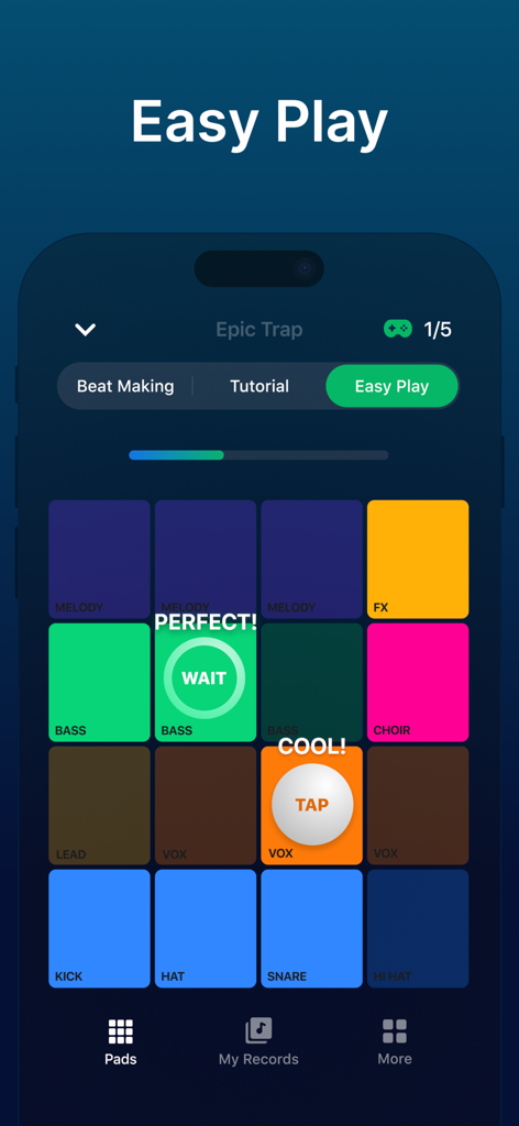 Go Beat • Music & Sound Maker - Interfaz de la aplicación Go Beat que muestra el modo de juego de ritmo Easy Play con pads de música coloridos y indicaciones de toque