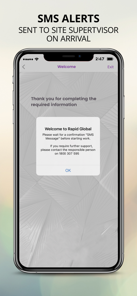 Rapid Access - Rapid Access mobile app interface showing an SMS alert notification for site arrival confirmation