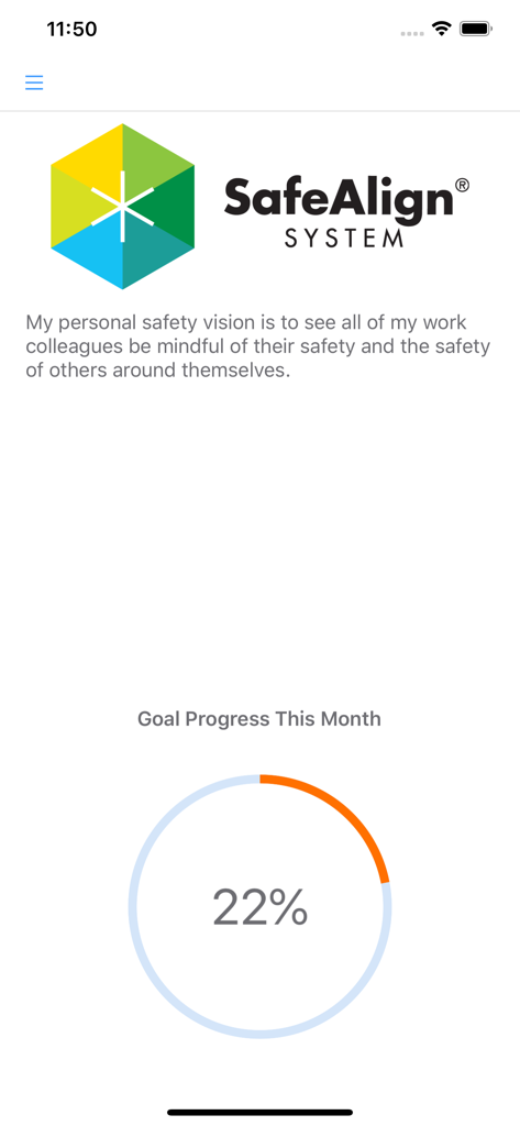 SafeAlign - SafeAlign mobile app interface displaying a personal safety vision and a circular goal progress tracker at 22 percent.
