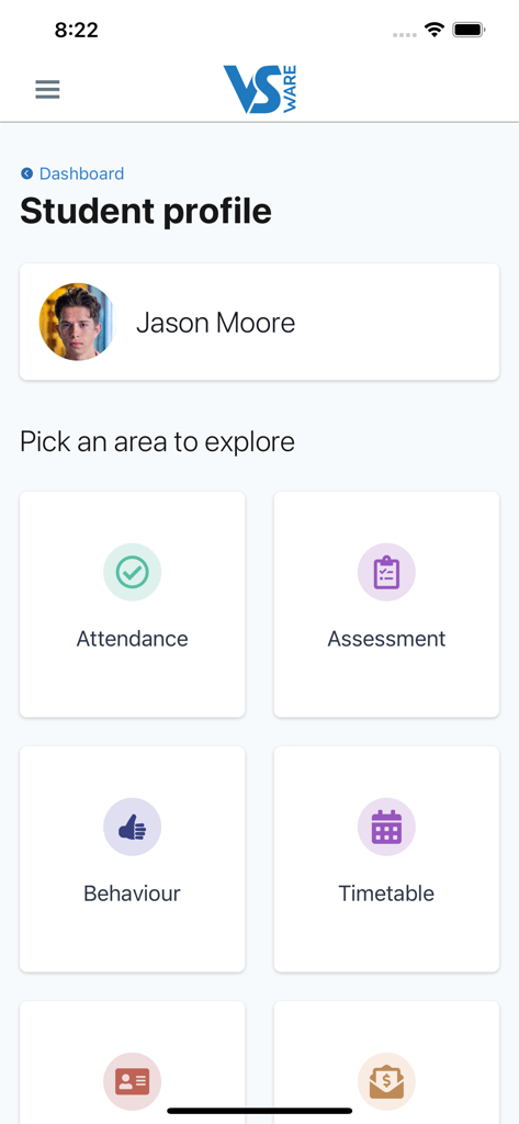 VSware app student profile page showing attendance and academic options