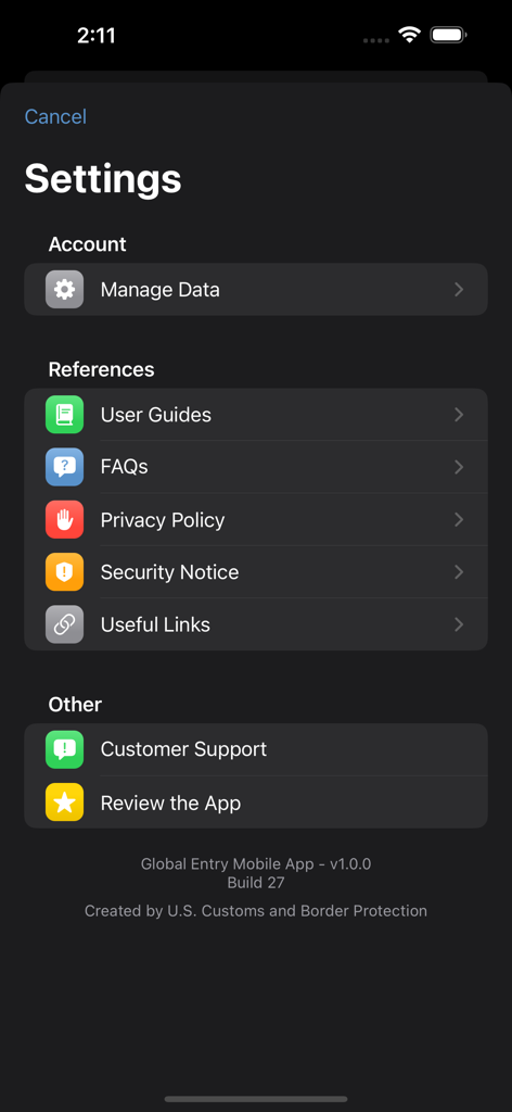 Global Entry Mobile - The settings screen of the Global Entry Mobile app showing account management and reference links.