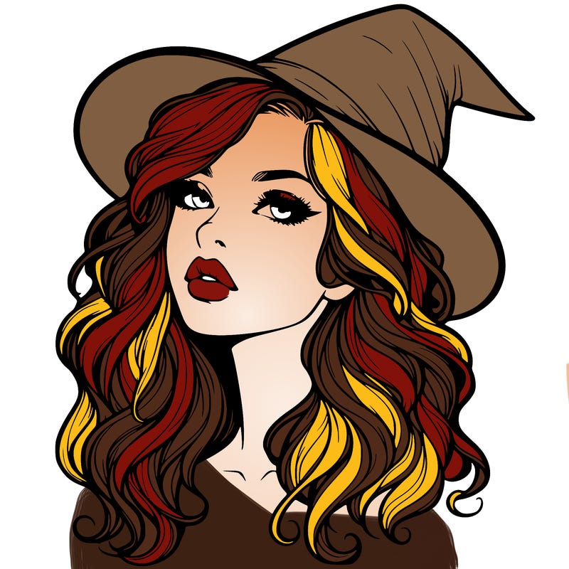 realistic witch girl with wavy hair and lips