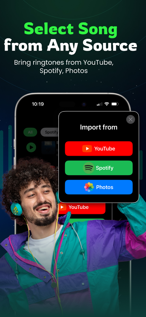 iRingtone: Spotify & YouTube - Interfaz de una aplicación móvil que muestra opciones para importar canciones de YouTube, Spotify y Fotos para crear tonos de llamada personalizados.