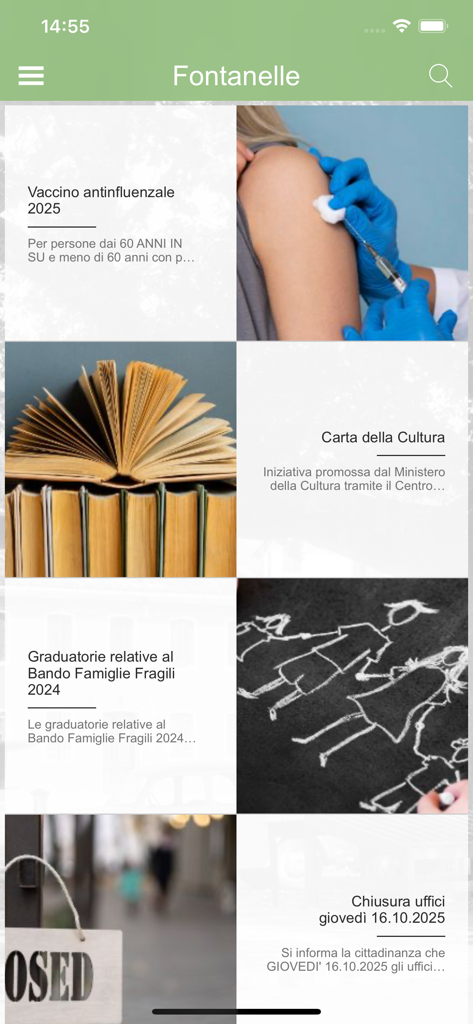 Comune di Fontanelle - Home screen of the Comune di Fontanelle app displaying a grid of local community news and public service announcements.
