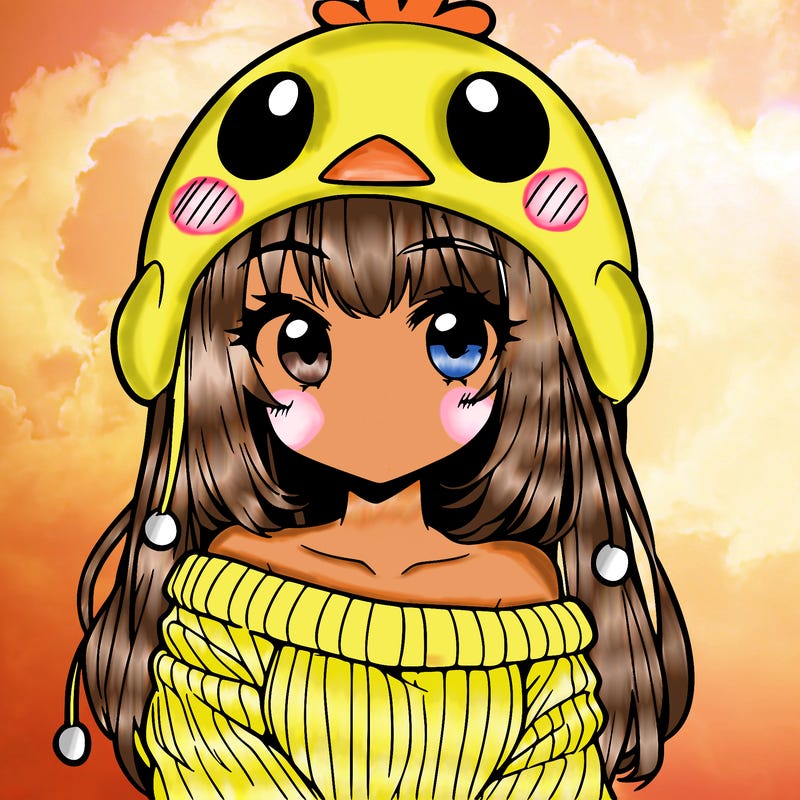 anime girl with chick shaped hat with sweater with bare shoulders with bangs covering them one eye with low tail