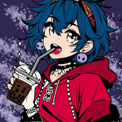 hot baddie anime girl drinking boba and biting the straw